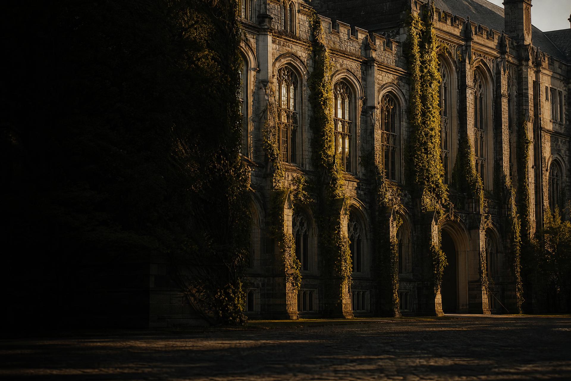Grand Ivy League campus building at golden hour, gothic stone and climbing ivy
